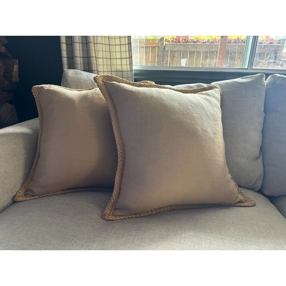 Pottery Barn Set of 2 Linen Pillow Covers 20x20 Braided Jute Trim Beige Tan